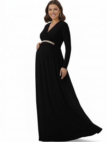 Image of KOH KOH Womens Maternity Long Sleeve V-Neck Flowy Winter Maxi Dress Gown