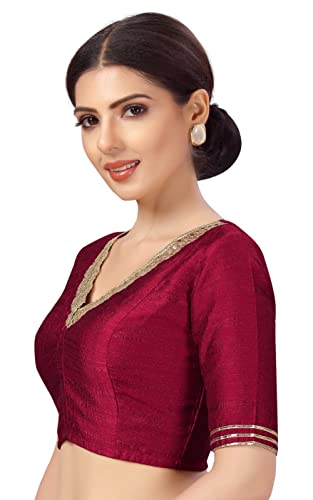 Studio Shringaar Women's Readymade Silky Saree Blouse Elbow Length Sleeves With Embroidered Neckline Choli