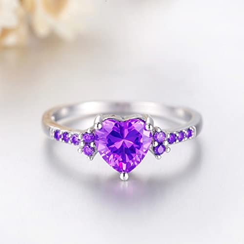 925 Sterling Silver Purple Heart Shaped Zircon Ring Purple Amethyst Halo Promise Ring Good Luck Birthstone Ring Delicate Engagement Wedding Proposal Adjustable Ring for Women4