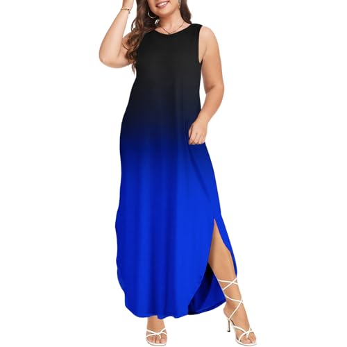 Image of Wolddress Womens 2026 Plus Size Sleeveless Tank Dress Casual Loose Sundress Split Summer Beach Long Maxi Dresses with Pockets