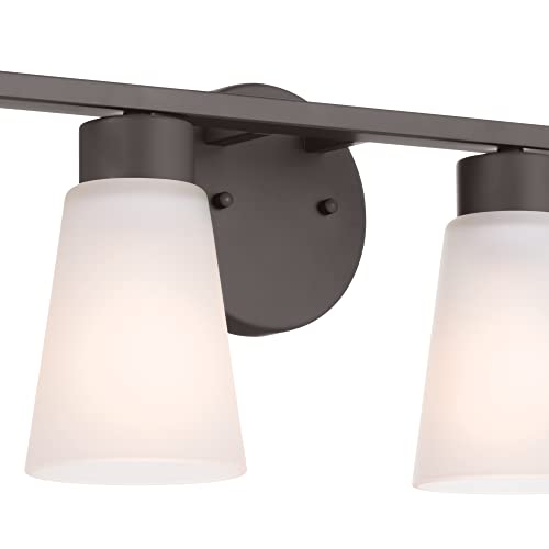 Image of Kichler Stamos 4-Light Bathroom Vanity Light with Satch Etched Glass Shades, 26 inch Modern Wall Light in Olde Bronze, (26 inch x 8 inch x 5 inch)
