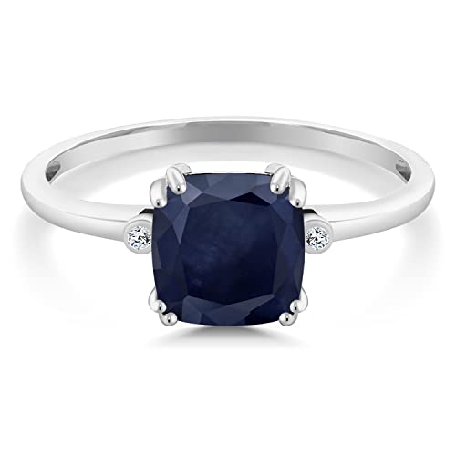 Gem Stone King 10K White Gold 8MM Cushion Gemstone Birthstone and White Diamond 3-Stone Engagement Ring | Three Stone Wedding Anniversary Promise Gold Ring For Women | Size 5,6,7,8,92