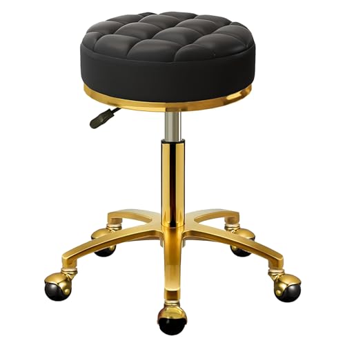Rolling Stool Gold Vanity Stool with Wheels, Pedicure Massage Roller Stools, PU Leather Round Swivel Salon Spa Chair, Titanium Gold Base, Height Adjustable 43-55 cm (Black)