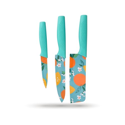 Image of Kitchen Knife Set 3-Piece Stainless Steel | Sharp Non-Stick Chef, Utility & Paring Knives | Ergonomic Non-Slip Handle for Vegetable, Fruit & Meat Cutting | Blue
