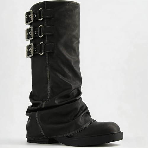 Image of ClassicSter Fold Over Knee High Boots Slouch Boots for Women Chunky Goth Platform Boots,2 inch Heel Wide Calf Long Boots Square Toe Riding Boots