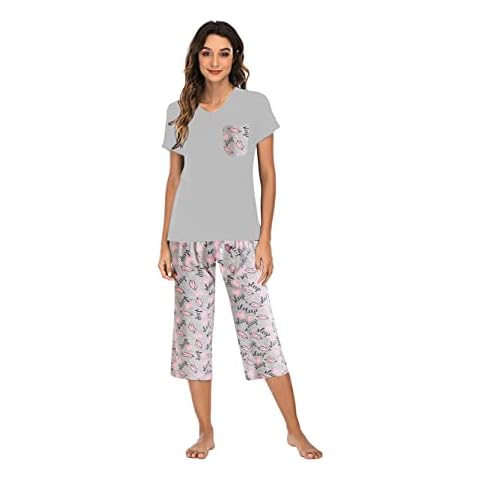 Famulily Womens 3/4 Pyjamas Cropped Cotton Trousers Summer Wide Leg Plus Size Casual Lounge Pants Light Grey XXL Cover
