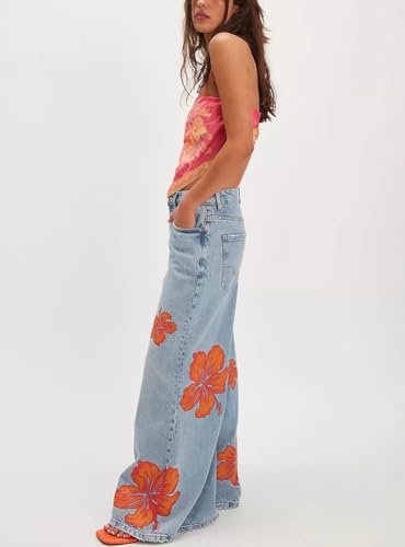 chouyatou Women's Retro Flare Wide Leg Jeans Floral Printed High Waist Palazzo Jean Trousers Denim Pants3
