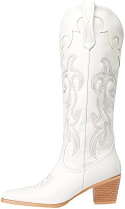 Oh Mispares Women's Western Style Knee High Cowboy Cowgirl Boots Embroidered Wide Calf Pointed Toe Chunky Block Heel White Leather Boots(white,8)