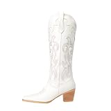 Oh Mispares Women's Western Style Knee High Cowboy Cowgirl Boots Embroidered Wide Calf Pointed Toe C