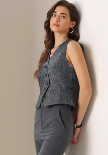 Women's Vintage Tweed Vest 3-Button Slim Fit Office Herringbone Sleeveless Waistcoat2