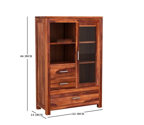 Image of Krishna Wood Decor Wood Book Shelf for Home Library|Wooden Bookshelf Cabinet with Acrylic Glass Door Drawer Storage|Home Kitchen Furniture| Crockery Cabinet|Books Rack for Shelves|Bookcases,Honey