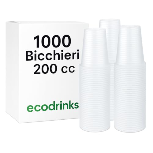 ecodrinks 1000 Bicchieri Bianchi 200 ml RICICLABILI - Extra Resistenti, a Prova di Perdite - Per Bevande Calde e Tiepide, Acqua, Cocktail, Bibite - Ideali per Eventi, Feste, Catering e Ufficio