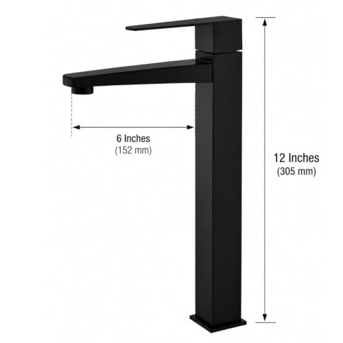 Image of Carnival SS-304 12 inch Inch Matte Black Pillar Cock Tap for Wash Basin | Square Tall Cold Water Basin Tap | SS304 Stainless Steel | Table Mount /Deck Mount Installation | Black Matte Finish