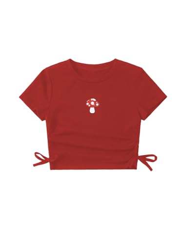 Image of SHENHE Girl's Mushroom Print Short Sleev Crop Tops Ruched Drawstring Tee T Shirts