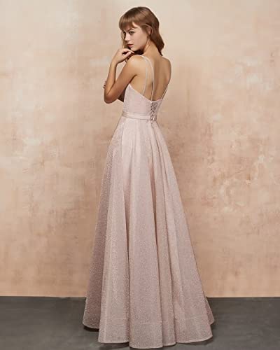 Image of Women's Glittery Spaghetti V-Neck Prom Dresses Long A Line Bridesmaid Dresses Side Split Formal Evening Gowns Red,US14