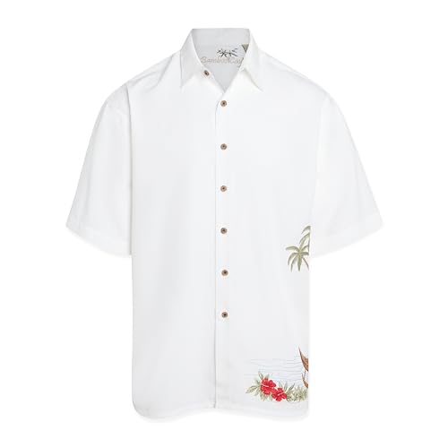 Bamboo Cay Men's Dancing Hula Short Sleeve Embroidered Button Down Tropical Camp Shirt