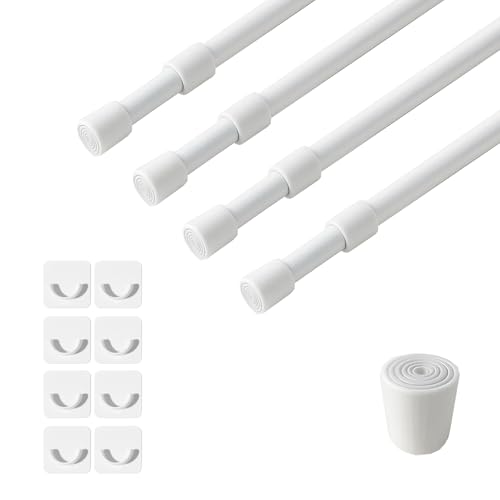 4-Pack Spring Tension Rod, Retractable Cabinet Tension Rod, 11.8-20 Inch Tension Curtain Rods with 8 Hooks, No Drilling Required, Suitable for Cabinets, Bathrooms, Windows, Closets, Kitchens