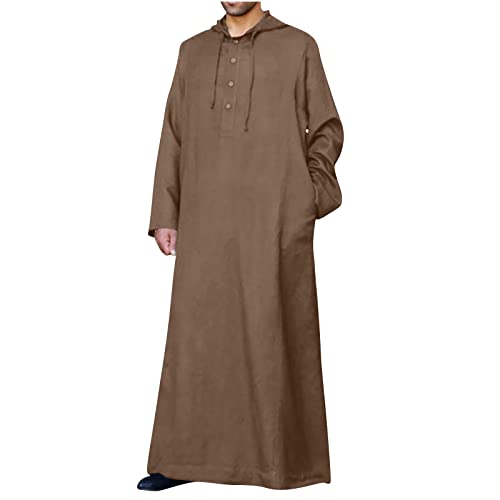 Zeiyignr Men's Muslim Arab Caftan Long Sleeve Hooded Button Up Long Gown Middle East Ramadan Islamic Abaya Thobe Dubai Robe