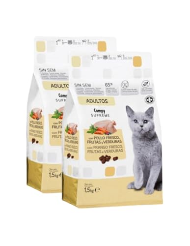 Alimento Seco para Gatos Adultos, con Pollo Fresco, Frutas y Verduras, Pack 2 x 1,5 kg - Compy Supreme