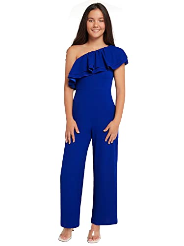 WDIRARA Girl's One Shoulder Layered Ruffle Trim Sleeveless Jumpsuit Pants with Pockets Royal Blue 12-13Y
