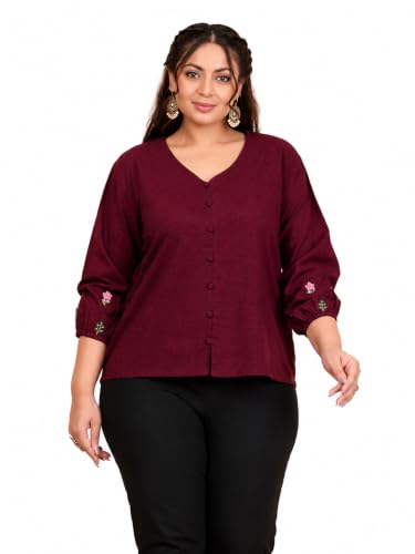 Image of Akiko Women's Plus Size Cotton Slub Fabric Top V-Neckline Embroidered Sleeves
