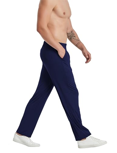Image of JINSHI Men's 3 Pack Pajama Pants Long Modal Pj Pants Elastic Waist Pajama Bottoms Comfortable Sleep Pant with Pockets (S,Black /Navy Blue /Light Grey)