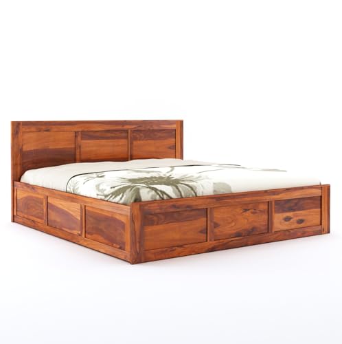Image of Solid Sheesham Wood Queen Size Bed with Box Storage | Wooden Double Bed Cot Palang Furniture for Bedroom, Living Room, Guestroom and Hotel (Honey Finish)