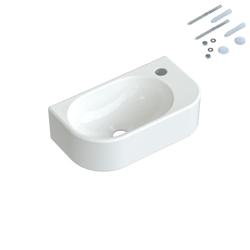 Waschbecken Keramik Waschtisch Hängewaschbecken klein Handwaschbecken Weiß Oval 40 x 21 cm Badezimmer Gäste WC Hahnloch Rechts mit Stockschrauben | OHNE Überlauf | OHNE Wasserhahn | OHNE Ablaufventil