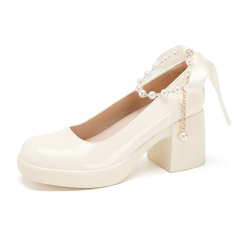 Women's Patent Leather Chunky Heel Formal Pumps with Pearl Chain Stylish Closed Round Toe Block Heel Slip-On Work Wedding Mary Jane Shoes for Business Wedding Walking