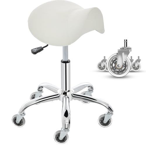 E-Motie Saddle Stool, Ergonomic Saddle Chair with Wheels 450 LBS, Adjustable Height Swivel Salon Stool, Rolling Stool for Home Office Tattoo Massage Clinic Lab Beauty (White)