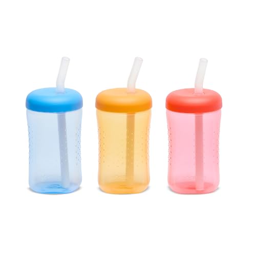 Image of The First Years Squeeze & Sip Toddler Straw Cups - Squeezable Transition Sippy Cup with Silicone Straw - Toddler Feeding Supplies - Blue/Yelllow/Red - 7 Oz - 3 Count - Ages 6 Months and Up