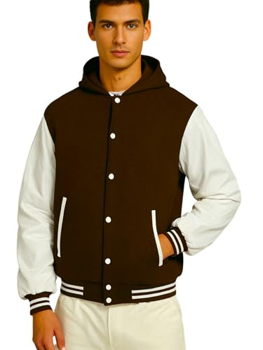 Image of Deckra Men's Varsity Jacket Genuine Leather Sleeve and Wool Blend Letterman Boys College Varsity Jackets with Hood XXS-5XL