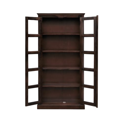 Image of Book Shelf Wooden with Door, Bookshelf with Glass Door for Home Library, Solid Wood Bookcase Wooden Crockery Cabinet for Kitchen - Walnut Finish