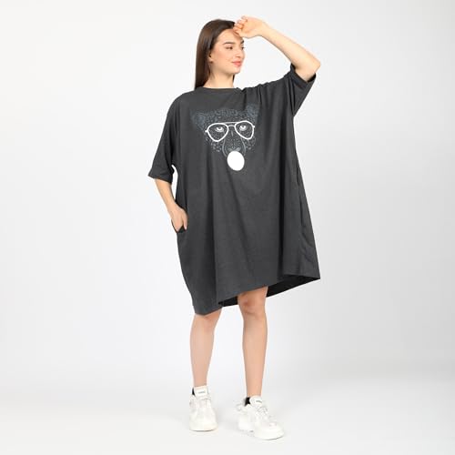 Image of LAMA STORE Women's Printed Oversized T-Shirt Dress, Cotton, 3 /4 Sleeve Length, Casual Loose Fit, Comfort Wear Extra Comfy Oversized Printed Pocket T-Shirt Dress