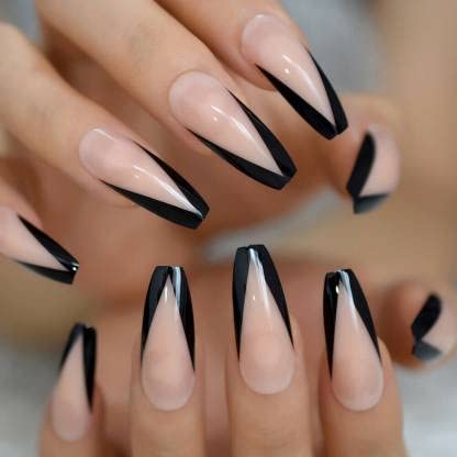 CHARMY V-Shaped Black Coffin French False Finger Nails With Glue & Press On Stickers Natural (Pack Of 24- FBA)