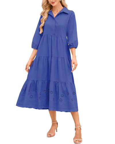 Image of Women Button Down Maxi Shirt Dress Long Sleeve Flowy Tiered Collared Dresses with Pockets