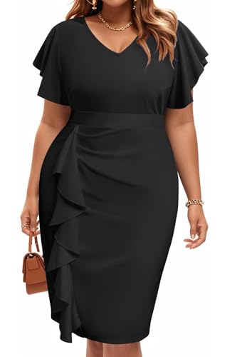 Cocktailkleid in Übergröße – Hochzeitsgäste, Damen, figurbetont, Vintage-Stil, Rüschen, Kirche, Bleistiftkleid, Schwarz, 56 Mehr