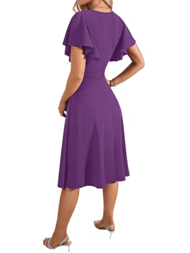 Image of LYANER Women's Warp V Neck Ruffle Short Sleeve A Line Swing Flared Cocktail Party Midi Dress
