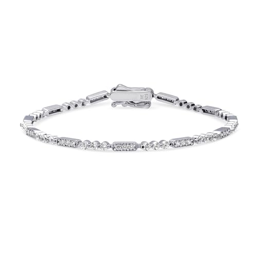 BERRICLE Sterling Silver Vintage Inspired Art Deco Cubic Zirconia CZ Milgrain Chain Bracelet for Women, Rhodium Plated