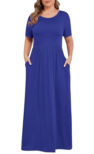 Image of KARALIN Women Plus Size Maxi Dress Short Sleeve Round Neck Loose Fit A-Line | Plus Size Long Dress,Summer Casual Maxi Dresses,Short Sleeve,Side Pockets,Round Neck,Elastic Waist,14 Plus - 26 Plus