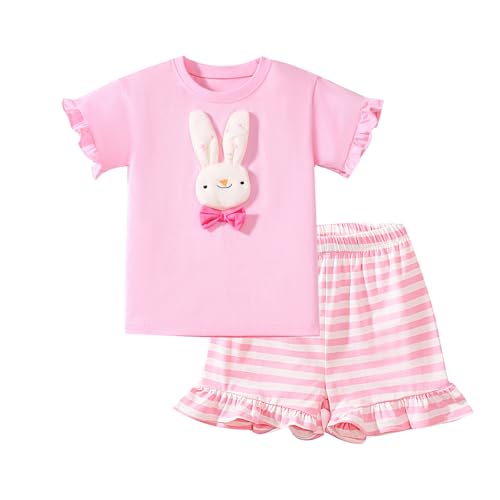 Image of HILEELANG Toddler Girl Summer Short Outfit Sets Cotton Short Sleeve Tops Tees Shorts Clothing Sets