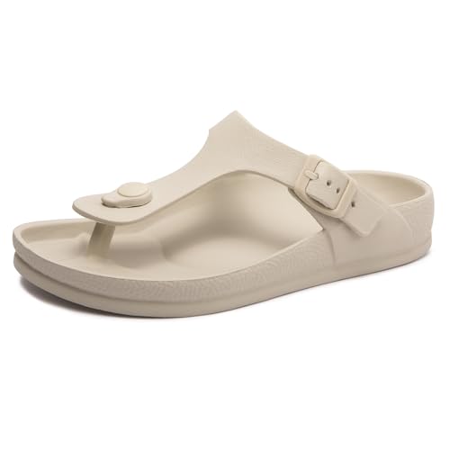FUNKYMONKEY Women's Comfortable Arch Support Flip Flops with Adjustable Buckle - Lightweight, Quick Dry, Non-Slip EVA Black Thong Sandals for Beach, Pool, Spa & Outdoor Use(6 M US, Beige)