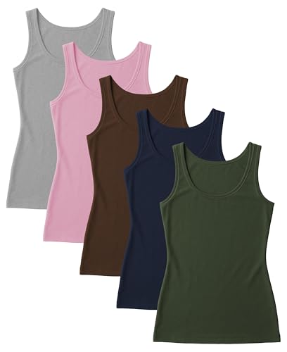 La mejor comparación de Color Cafe Tabaco - solo los mejores. 38 Sexy Basics - Camisetas sin mangas elásticas de algodón para mujer, varios paquetes y colores, Paquete de 5 - café Tabaco | Azul Marino | Gris | Rosa Tender | Verde Oliva, Small