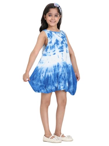 Image of Maaesa Girls' Tie Dye Rayon Staple Blue Dress | Sleeveless | Round Neck | Soft & Breathable | Casual