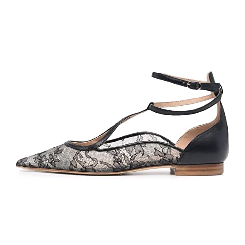 FSJ Women's Comfortable Chunky Low Heel Flat Cross Ankle Strap Buckle Classic Pointed Toe Retro T-Strip Walking Dress Ladies Shoes Size 4-15 US4