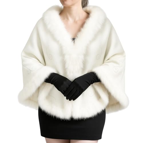 Zhanmai 2 Pcs Winter Acrylic Fur Long Shawl Cloak Stretchy Satin Glove Opera Bridal Dance Gloves for Women Dress Party Coat(Standard,Modern,White 02)