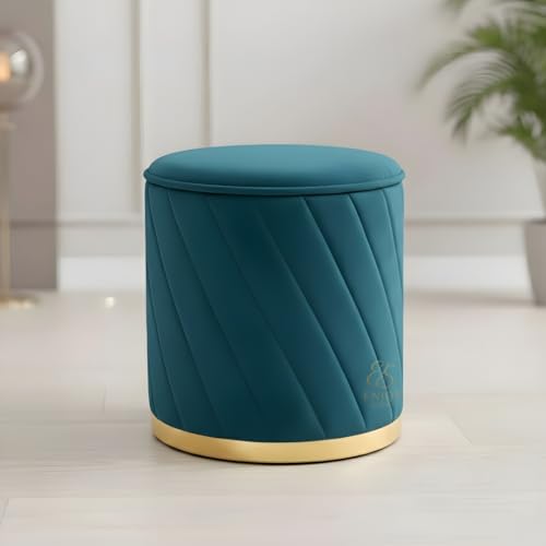 Image of Premium Velvet Ottoman Stool | Modern Round Pouffe with Gold Base | Multipurpose Seating | Living Room & Bedroom Decor (Aqua Set of 2)