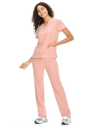 COZYFIT Scrubs for Women Set Medical Uniform - V-Neck Top & Straight Leg Pants with 9 Pockets, Wrinkle-Resistant Unisex Workwear, Pink, 2XL - 3