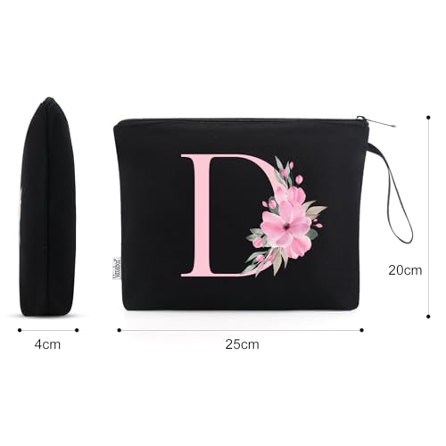 Image of Vavabox A-Z Personalized Makeup Bag, Birthday Gifts for Women Mom, Gifts for Best Friend, Bride Bridesmaid Cosmetic bag (D, 02-Black)