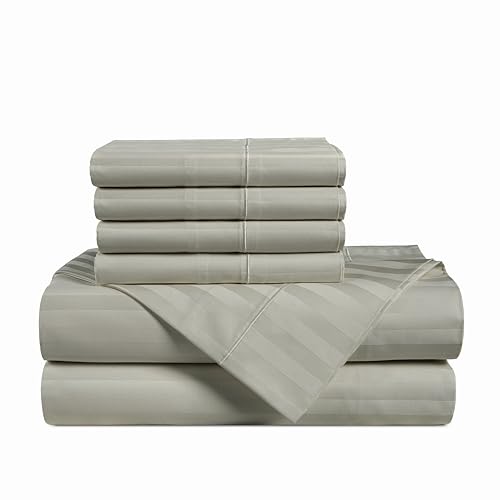 Casa Platino 100% Egyptian Cotton Sheets Queen Size Set - 6 Pieces - Damask Stripe- Ultra Smooth Sateen Weave Bed Sheets Set with 15" Deep Pockets - Silver